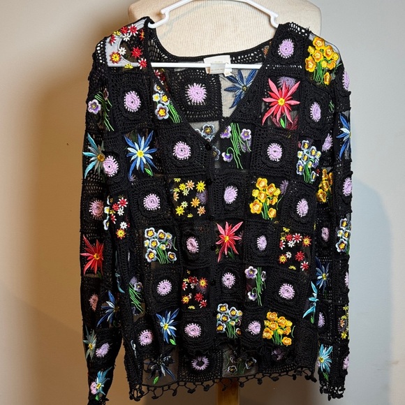 california style Tops - Vintage 90s Vibrant Floral Crochet Blouse